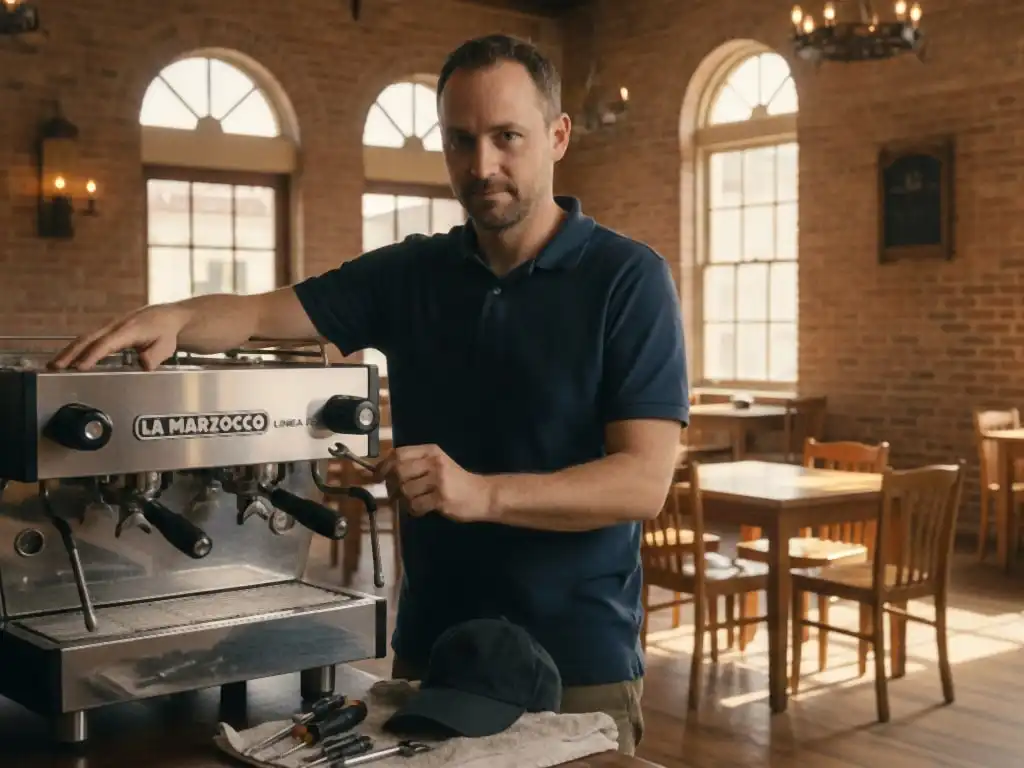 Technician working at an espresso machine in a historic-brick cafe with arched windows in San Diego