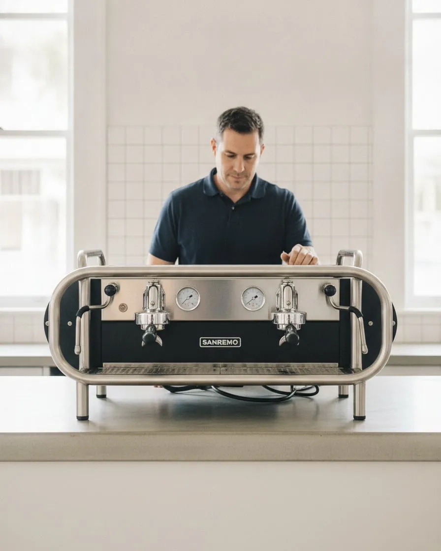 Sanremo Café Racer on a cafe counter, a technician standing behind it with one hand on the top rail