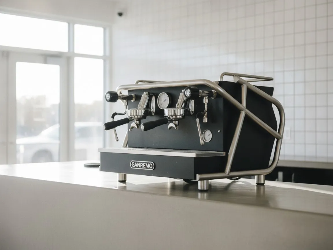 Sanremo two-group espresso machine on a bar counter, portafilters locked in, nobody in frame
