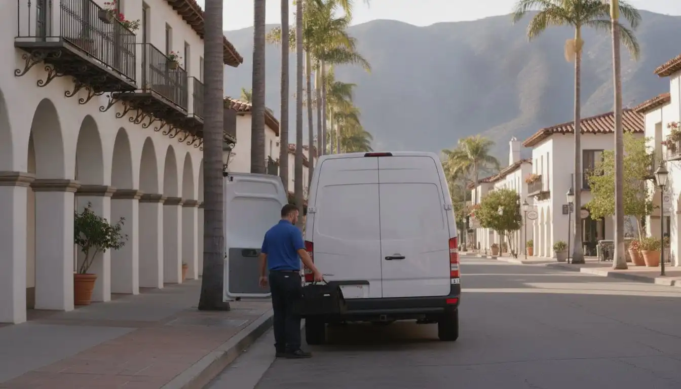 White service van parked under palms on a Spanish-colonial street with red-tile roofs and the mountains behind in Santa Barbara, technician lifting a tool bag from the side door