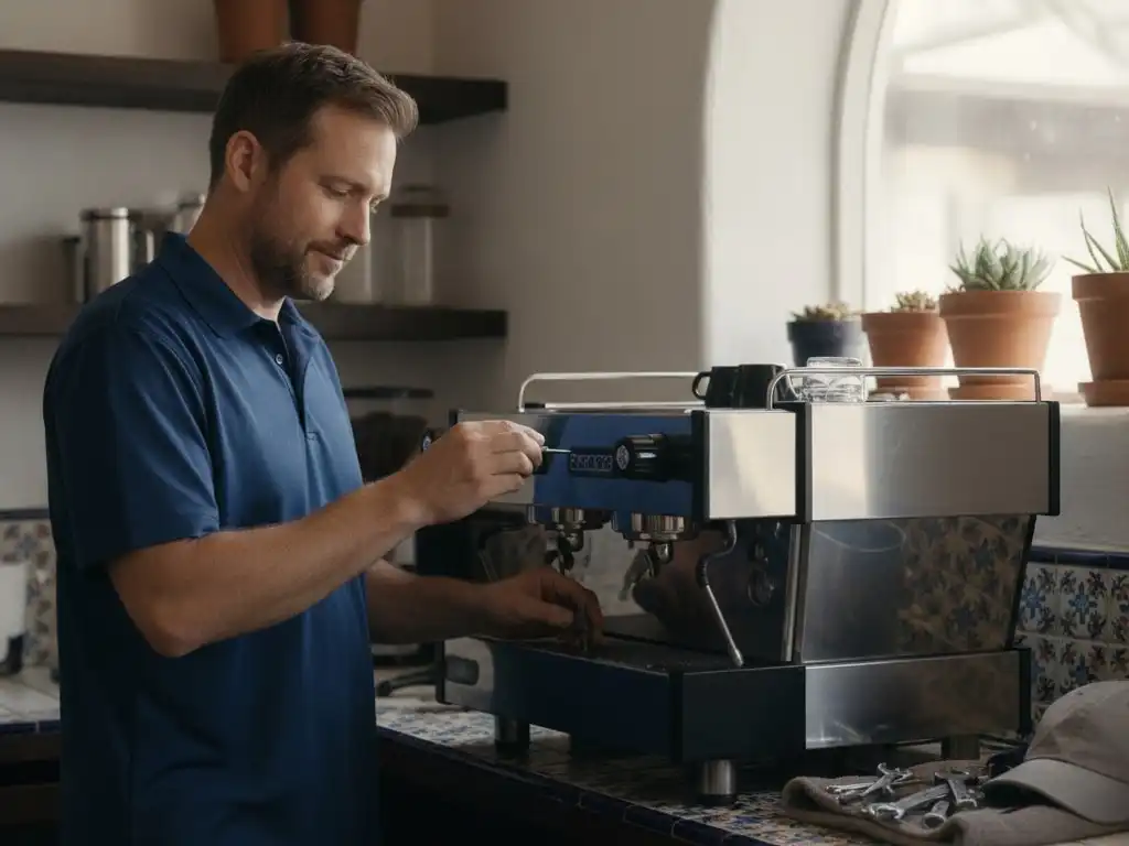 Technician at a two-group espresso machine in a bright Santa Barbara cafe with white stucco walls and a tiled counter