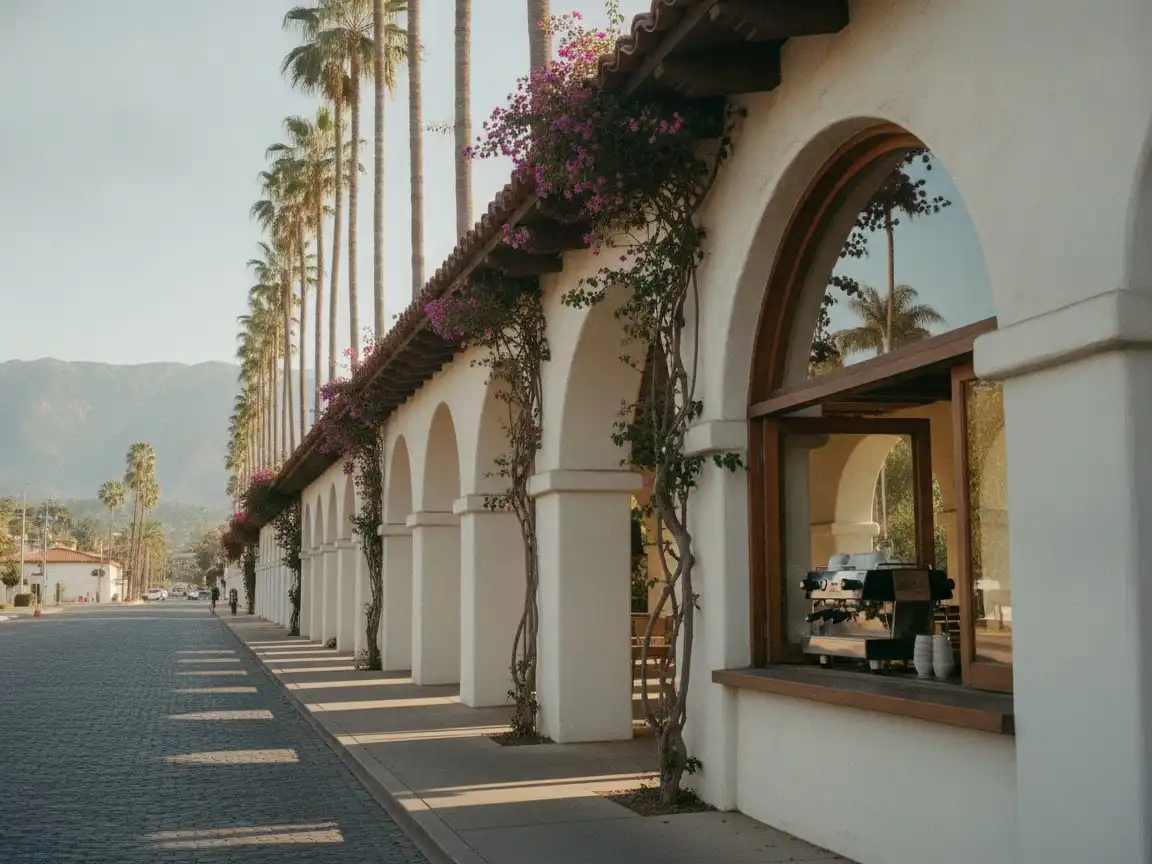Santa Barbara: arcaded Spanish-colonial storefronts with red-tile roofs, palms and the Santa Ynez Mountains behind, cafe window with an espresso machine