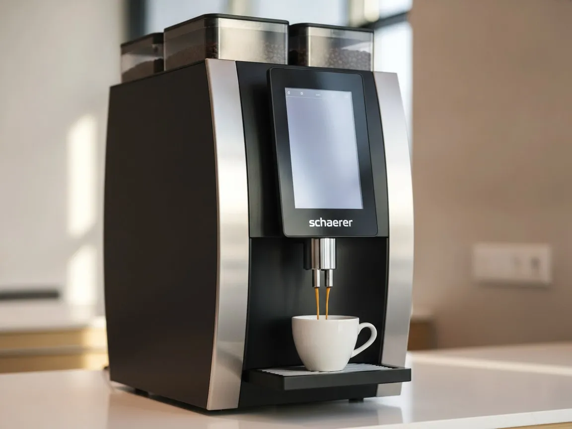 Schaerer Coffee Art Plus on a office coffee station with a cup under the group, side view, warm low light