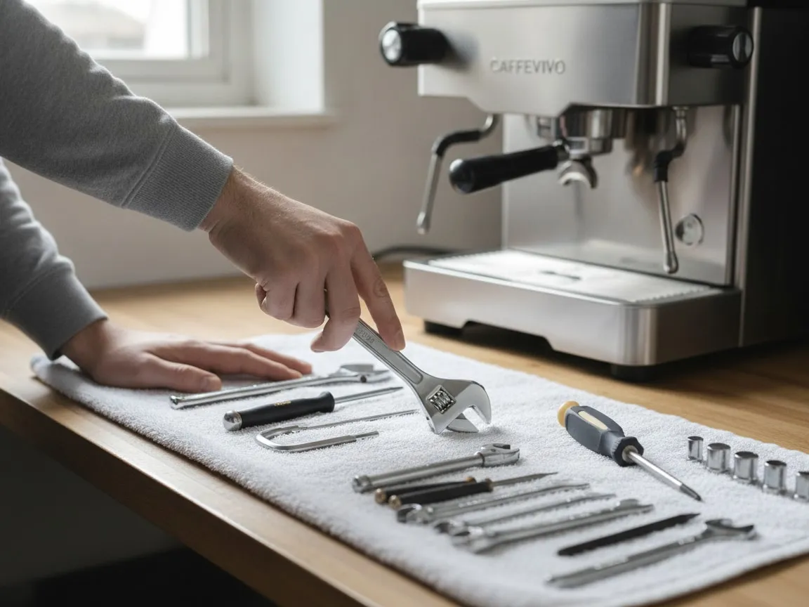Hand picking a wrench from a set of tools laid out on a towel, home espresso machine out of focus behind