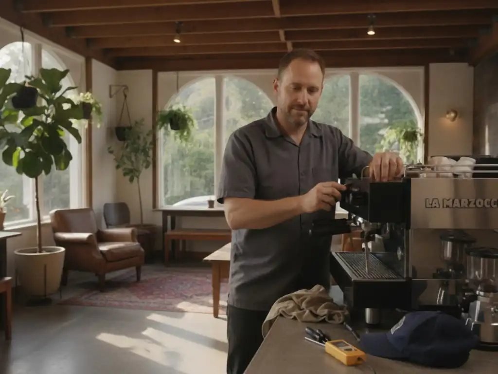 Technician working at an espresso machine in a eclectic independent cafe in Silver Lake