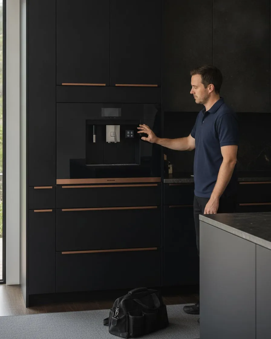 Technician beside a built-in Smeg built-in coffee machine installed in a kitchen cabinet column, floor runner and tool bag on the floor