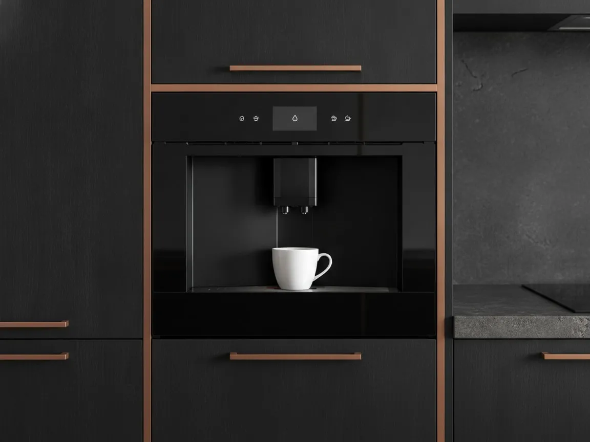 built-in Smeg built-in coffee machine installed flush in a tall kitchen cabinet column, a cup under the spout