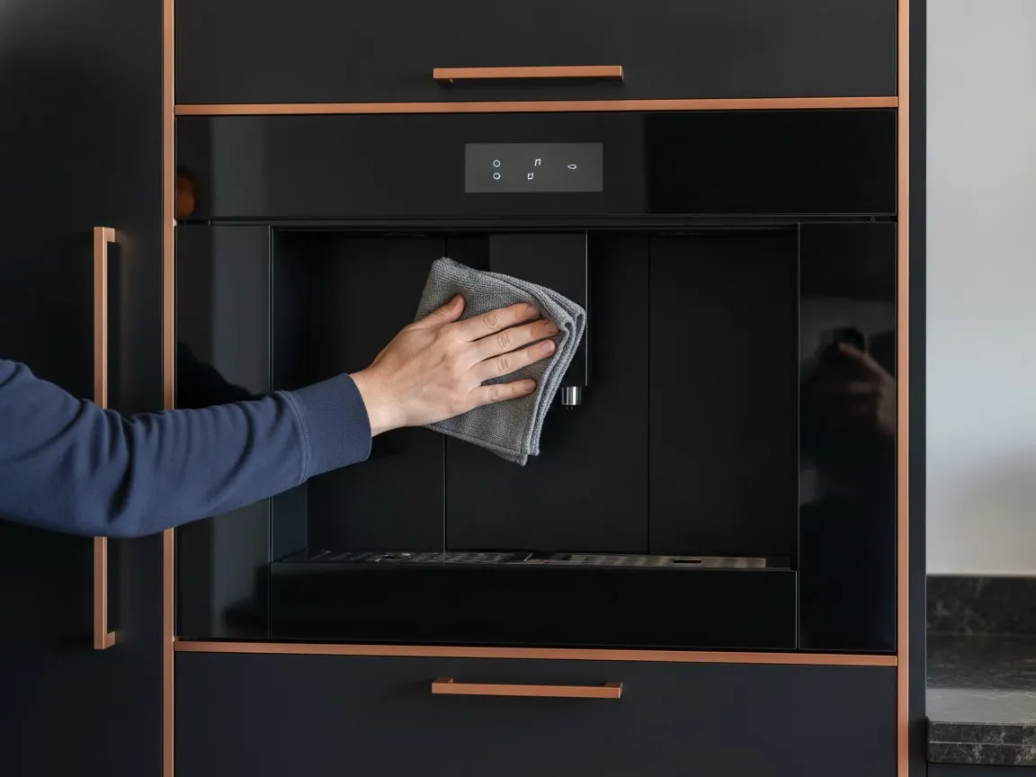 Hands at the front of a built-in Smeg built-in coffee machine: one hand wiping the glossy black glass front with a folded grey microfibre cloth