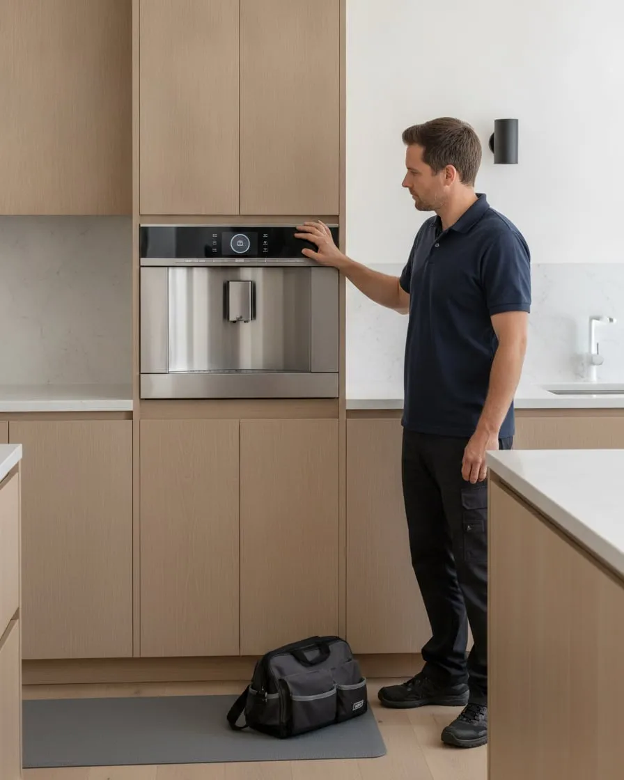 Technician beside a Thermador built-in coffee machine installed in a kitchen cabinet column, floor runner and tool bag on the floor