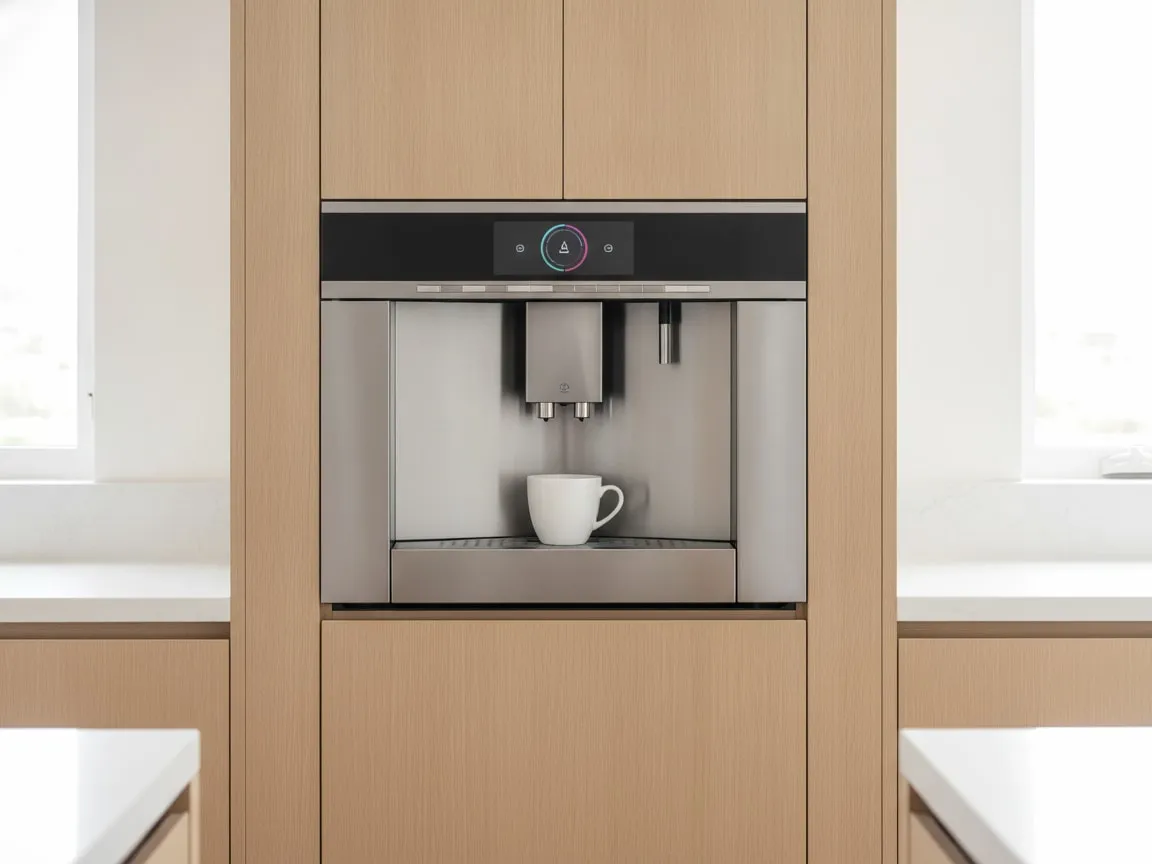 Thermador built-in coffee machine installed flush in a tall kitchen cabinet column, a cup under the spout