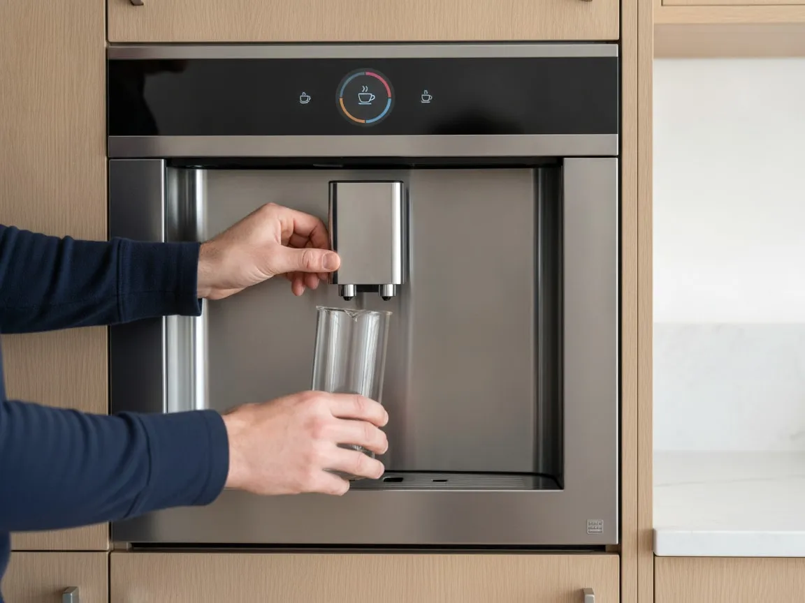 Hands at the front of a Thermador built-in coffee machine: one hand raising the height-adjustable coffee spout inside the recessed niche to fit a tall glass held by the other hand
