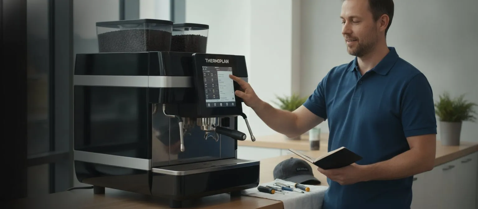 Thermoplan Black&White 4 at an office coffee station, technician at the touchscreen; cap and tools on the counter