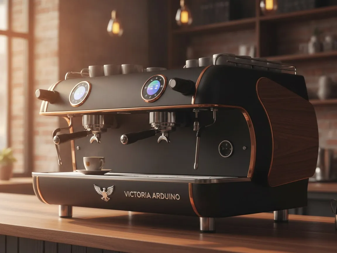 Victoria Arduino Black Eagle on a cafe bar with a cup under the group, side view, warm low light