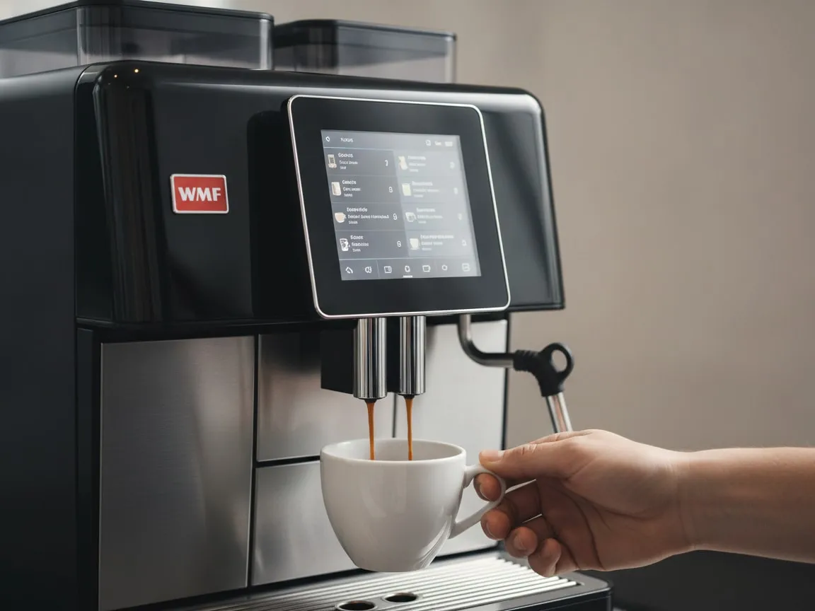 Hand holding a cup under the spout of a WMF 5000 S+, coffee pouring