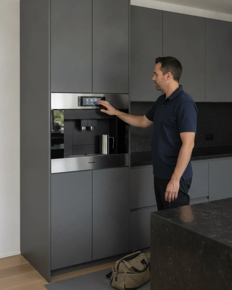 Technician beside a Wolf Coffee System built-in coffee machine installed in a kitchen cabinet column, floor runner and tool bag on the floor