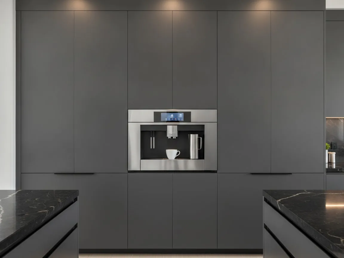 Wolf Coffee System built-in coffee machine installed flush in a tall kitchen cabinet column, a cup under the spout