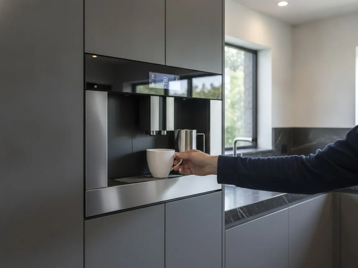 Hands at the front of a Wolf Coffee System built-in coffee machine: one hand placing a white ceramic cup under the twin coffee spouts in the recessed niche